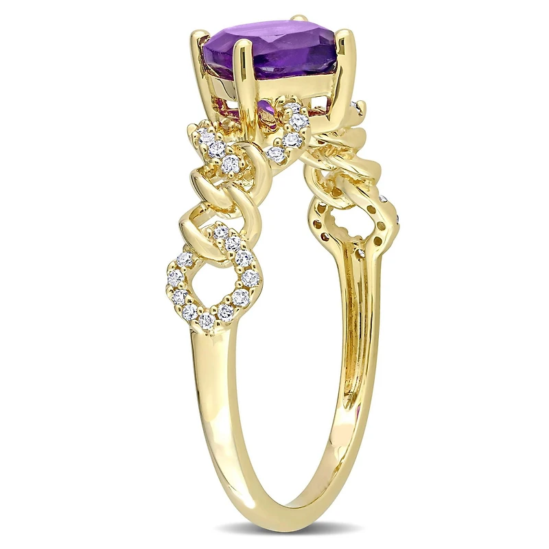 Bague ovale à maillons Miabella avec 4/5 Carat PBT d’améthyste et 1/7 Carat poids total de diamant en or jaune 10k