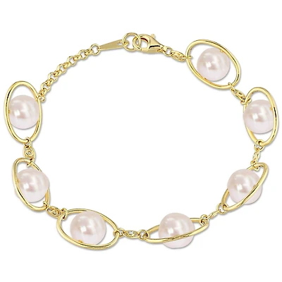 Miabella Freshwater Cultured Pearl and 1/10 Carat T.G.W. Cubic Zirconia Yellow Plated Sterling Silver Station Bracelet