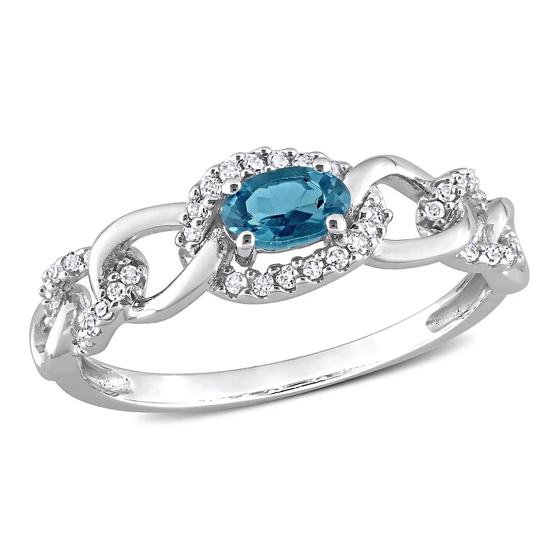Bague ovale à maillons Miabella avec 1/3 Carat PBT de topaze bleu et 1/8 Carat poids total de diamant en or blanc 10k