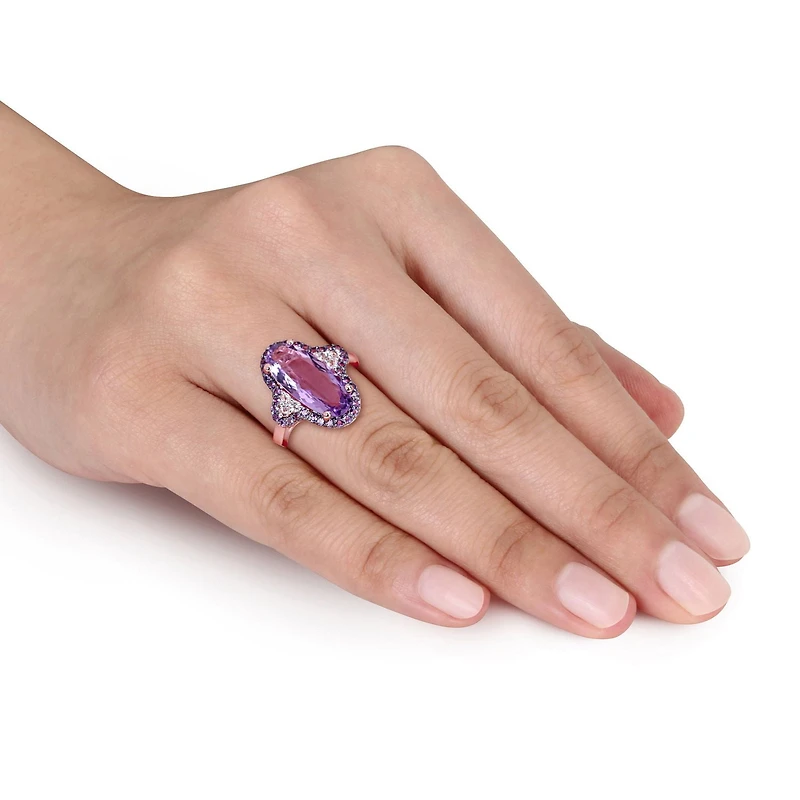 Tangelo 3-1/2 Carat T.G.W. Amethyst and White Topaz Rose Rhodium-Plated Sterling Silver Halo Cocktail Ring