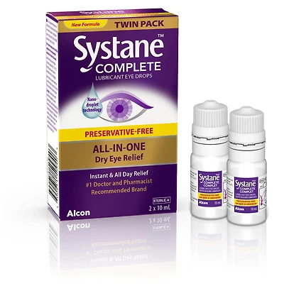 Gouttes oculaires lubrifiantes SYSTANE Complet, gouttes pour la sécheresse oculaire sans agent de conservation 2 x 10 ml