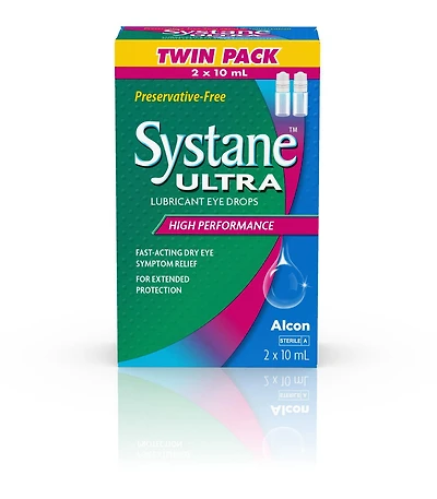 Gouttes oculaires lubrifiantes SYSTANE Ultra, gouttes oculaires haute performance pour la sécheresse oculaire sans agent de conservation 2 x 10 ml