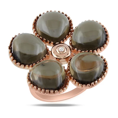 Tangelo 15 Carat T.G.W. Smokey Quartz and Diamond-Accent Rose Rhodium-Plated Sterling Silver Flower Ring