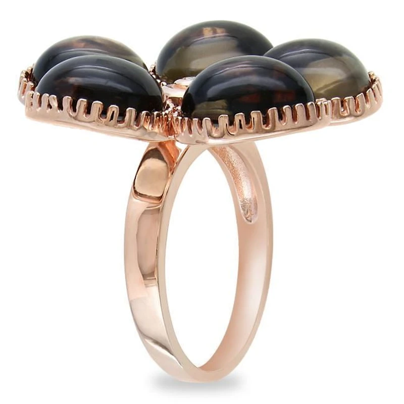 Tangelo 15 Carat T.G.W. Smokey Quartz and Diamond-Accent Rose Rhodium-Plated Sterling Silver Flower Ring
