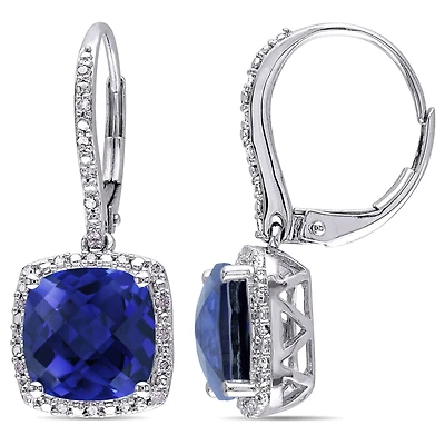 Boucles d'oreille auréole Tangelo avec saphirs bleus synthétiques 6-1/2 CT PBT et diamants 1/5 CT poids total en argent sterling