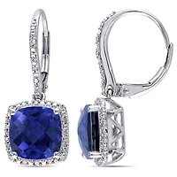Boucles d'oreille auréole Tangelo avec saphirs bleus synthétiques 6-1/2 CT PBT et diamants 1/5 CT poids total en argent sterling