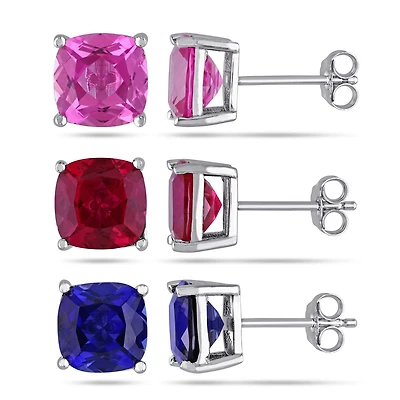 Tangelo Created Ruby and Created Blue and Pink Sapphire Sterling Silver 3-Piece Stud Earrings Set