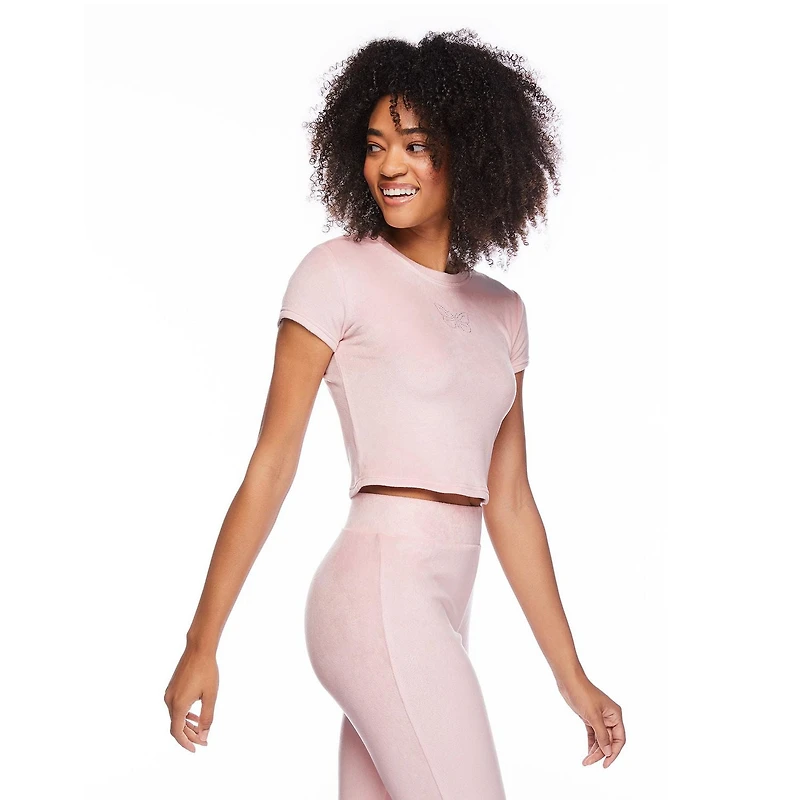 No Boundaries Women's Short Sleeve Velour Top