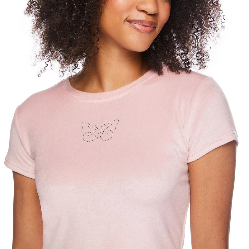 No Boundaries Women's Short Sleeve Velour Top