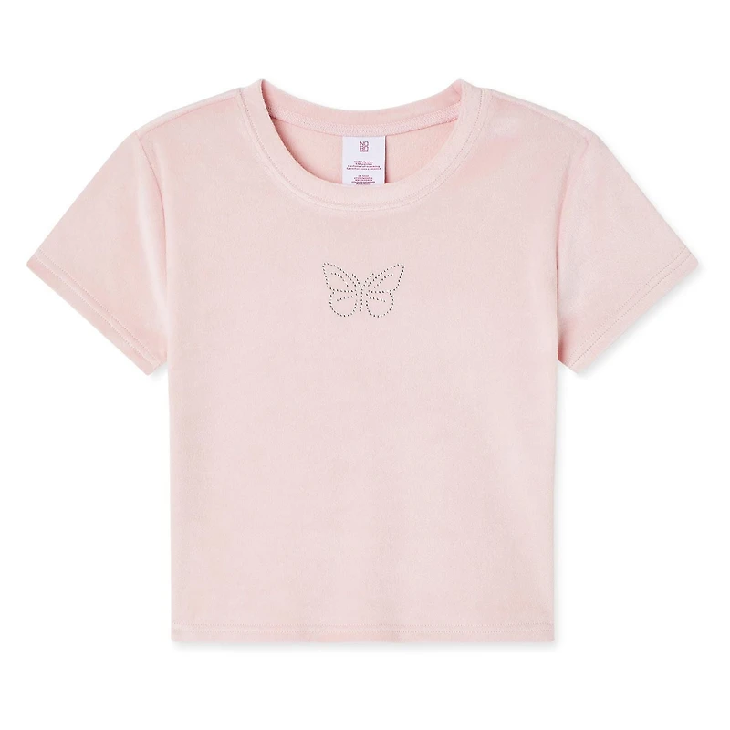 No Boundaries Women's Short Sleeve Velour Top