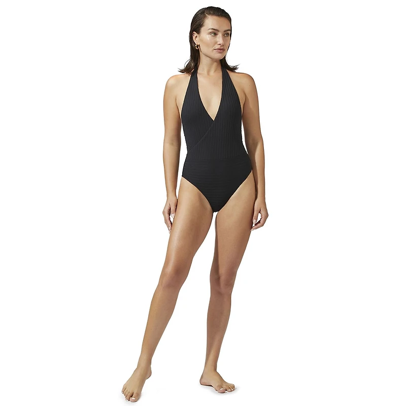 Captiva Women's Halter Surplice Ribbed One-Piece Swimsuit