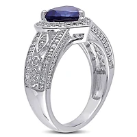 Bague de forme cœur auréole Tangelo avec saphirs bleus synthétiques 2-1/4 CT PBT et diamants 1/10 CT poids total en argent sterling