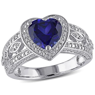 Tangelo 2-1/4 Carat T.G.W. Created Blue Sapphire and 1/10 Carat T.W. Diamond Sterling Silver Halo Heart Ring