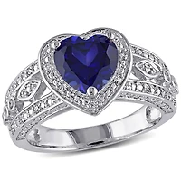 Bague de forme cœur auréole Tangelo avec saphirs bleus synthétiques 2-1/4 CT PBT et diamants 1/10 CT poids total en argent sterling