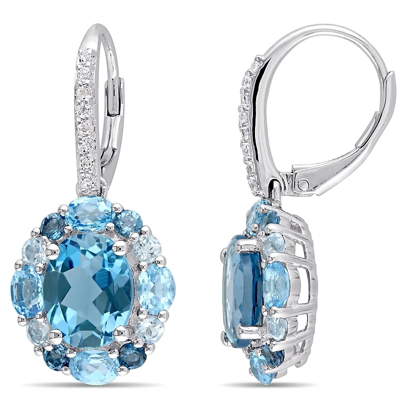 Tangelo 7-7/8 Carat T.G.W. Blue Topaz and White Topaz Sterling Silver Halo Cluster Earrings