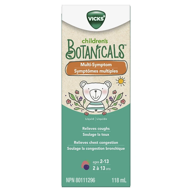 Vicks Children’s BOTANICALS Symptômes multiples, sirop de jour, soulage la toux et la congestion bronchique, saveur de baie, enfants 2-13 ans, 118 mL Milani - Contour