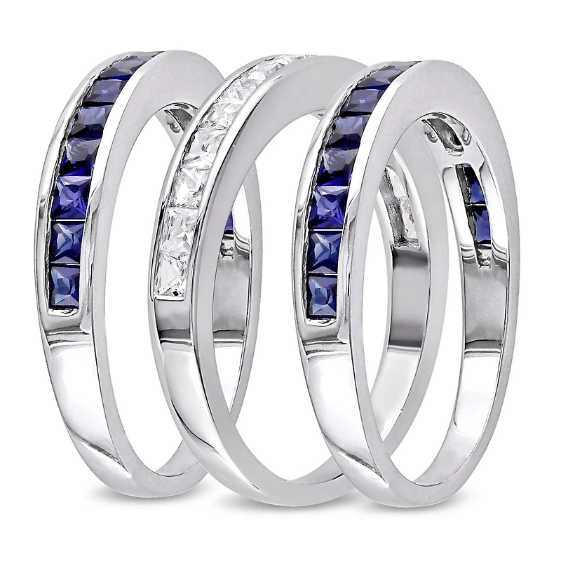 Ensemble de 3 bagues d'anniversaire semi-éternité empilables Tangelo avec saphirs bleus et blancs synthétiques 2-1/4 CT PBT en argent sterling