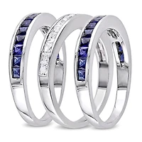 Ensemble de 3 bagues d'anniversaire semi-éternité empilables Tangelo avec saphirs bleus et blancs synthétiques 2-1/4 CT PBT en argent sterling
