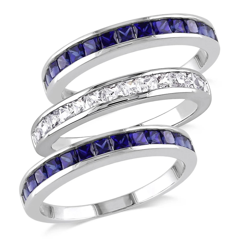Ensemble de 3 bagues d'anniversaire semi-éternité empilables Tangelo avec saphirs bleus et blancs synthétiques 2-1/4 CT PBT en argent sterling