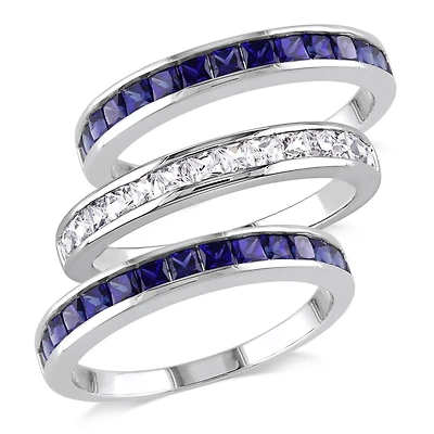 Tangelo 2-1/4 Carat T.G.W. Created Blue and White Sapphire Sterling Silver Three Piece Anniversary Semi-Eternity Stackable Ring Set