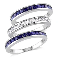Ensemble de 3 bagues d'anniversaire semi-éternité empilables Tangelo avec saphirs bleus et blancs synthétiques 2-1/4 CT PBT en argent sterling