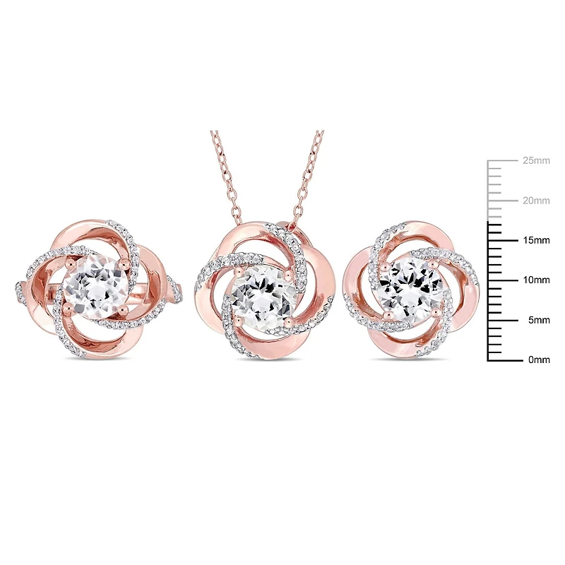 Miabella 10-1/3 Carat T.G.W. White Topaz Rose Rhodium-Plated Sterling Silver Swirl 3-Piece Ring, Pendant and Earrings Set, 18"