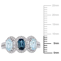 Tangelo 1-3/5 Carat T.G.W. Blue Topaz and 1/5 Carat T.W. Diamond Sterling Silver Three-Stone Halo Ring