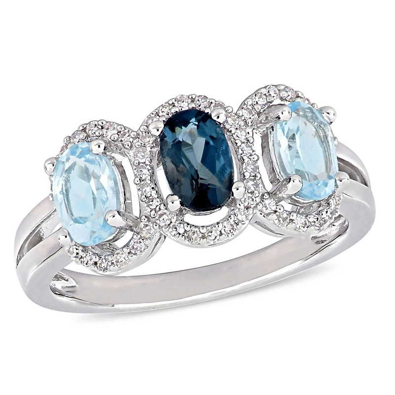 Tangelo 1-3/5 Carat T.G.W. Blue Topaz and 1/5 Carat T.W. Diamond Sterling Silver Three-Stone Halo Ring
