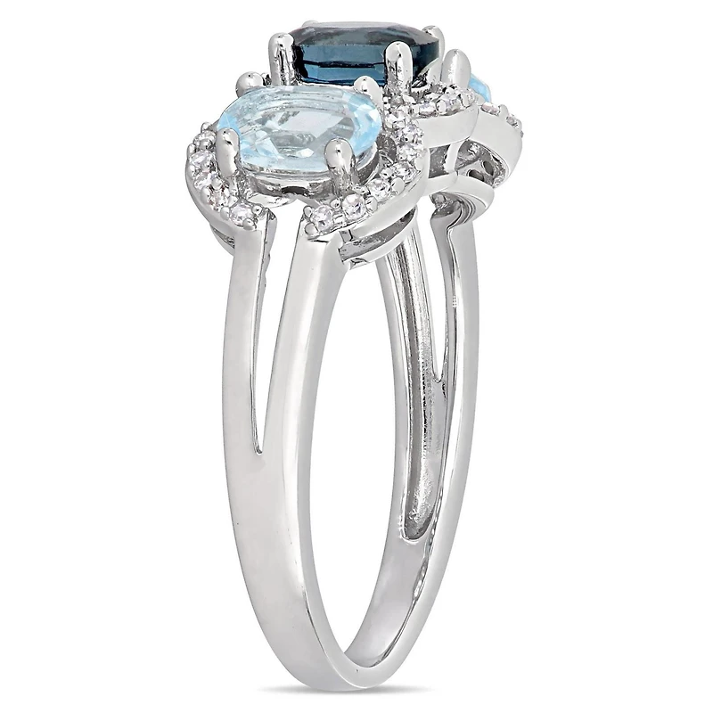 Tangelo 1-3/5 Carat T.G.W. Blue Topaz and 1/5 Carat T.W. Diamond Sterling Silver Three-Stone Halo Ring