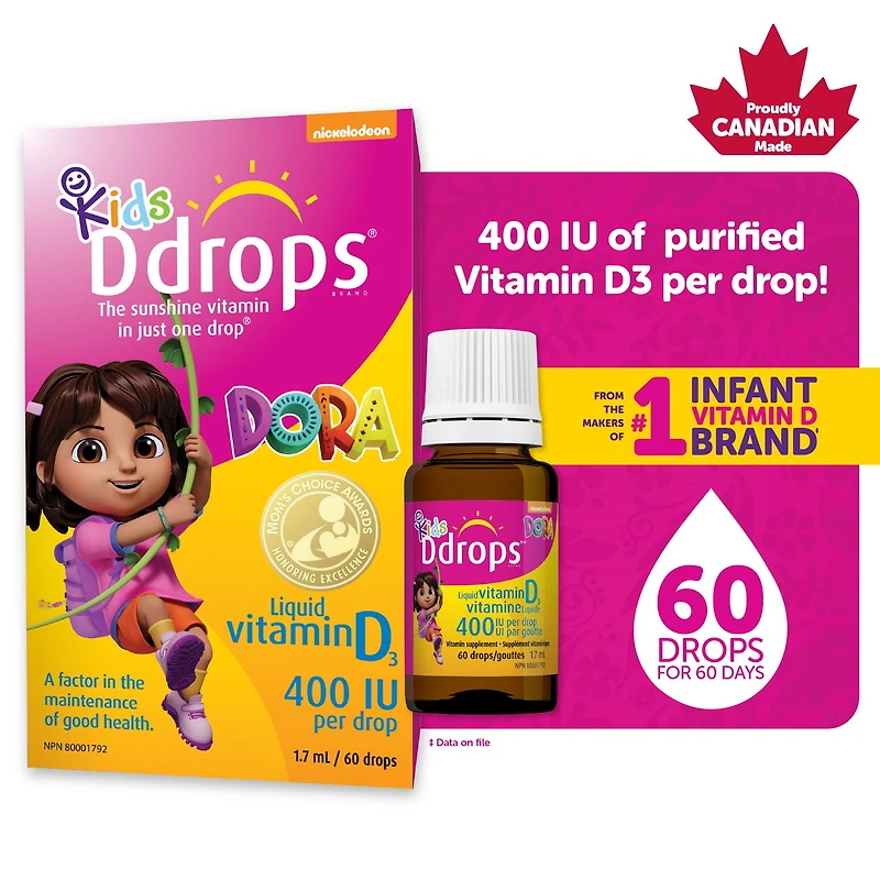 Supplément vitaminique de vitamine liquide D3 de Ddropsᴹᴰ pour enfants, 400 UI 1,7 ml, 60 gouttes