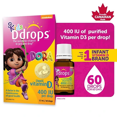 Supplément vitaminique de vitamine liquide D3 de Ddropsᴹᴰ pour enfants, 400 UI 1,7 ml, 60 gouttes