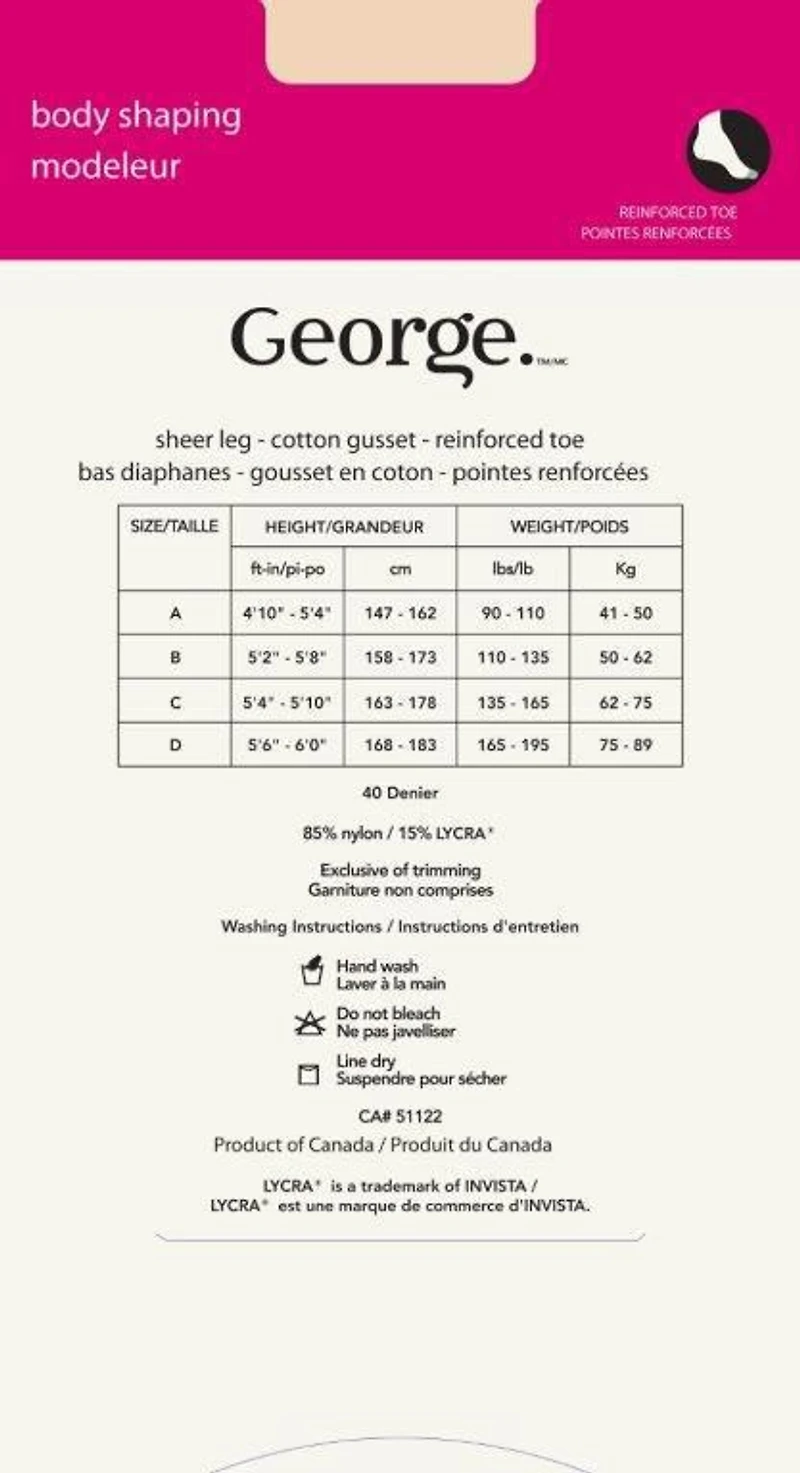 George Ladies' Body Shaping Sheer Leg Cotton Gusset Reinforced Toe Pantyhose