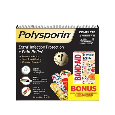Tube d’onguent Polysporin® Complet de 30 g, pansements en tissu souple décorés de marque BAND-AID®, fleurs sauvages, tailles assorties, 30 unités.