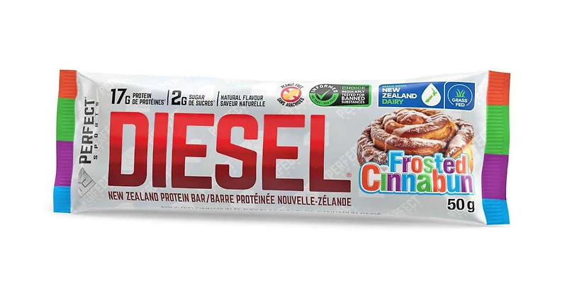 Barre protéinée DIESEL Nouvelle-Zélande, cannelle glacée, 50 g/barre Cinnabon givré, 50 g/barre,