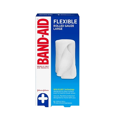 La gaze en rouleau flexible stérile de marque Band Aid offre une protection sûre pour le soin des plaies et coupures mineures, coussinage ultradoux et absorption instantanée, large, 10 cm par 4,5 m, 1 gaze