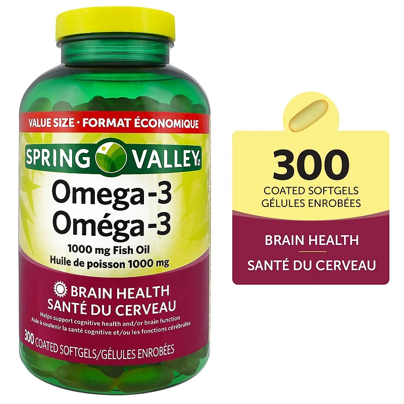 Spring Valley Oméga-3 Huile de poisson 1000 mg Enrobées 300 Gélules Enrobées