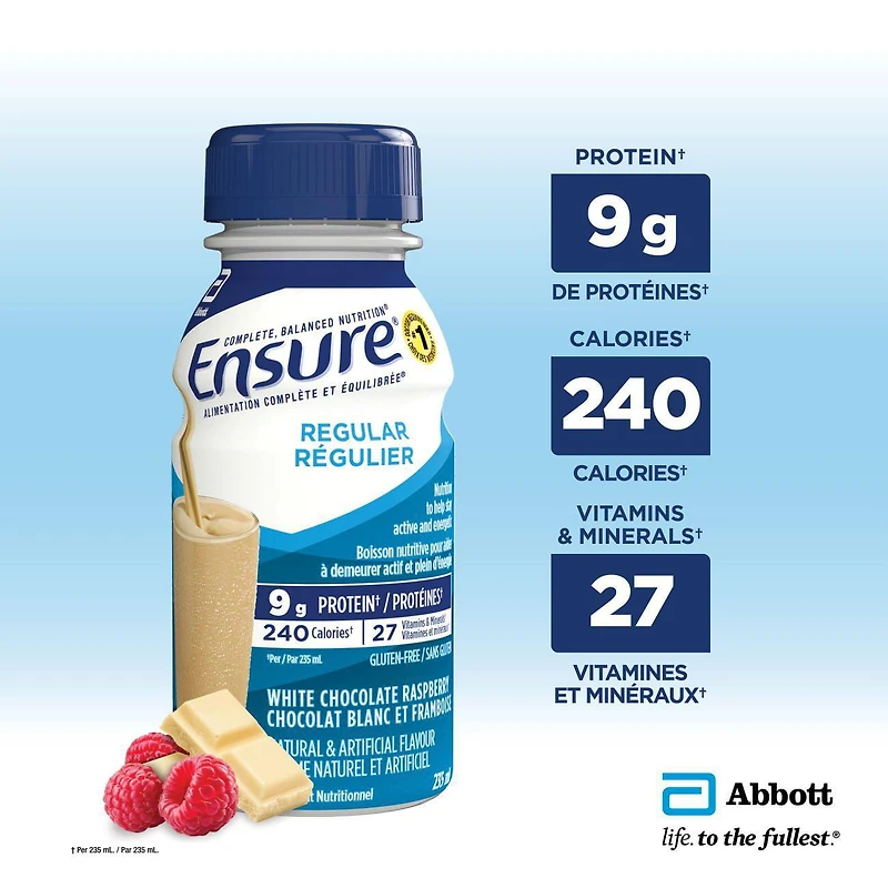Ensure Regular, Nutritional Supplement Shake, Nutrition To Stay Active And Energetic, White Chocolate Raspberry, 6 x 235-mL Bottles