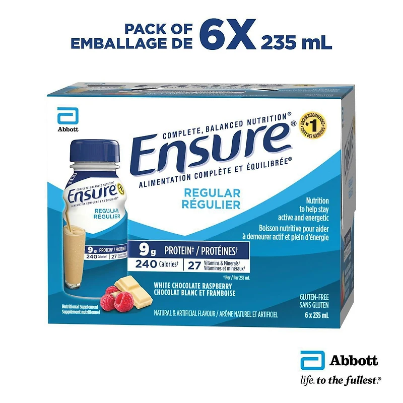 Ensure Regular, Nutritional Supplement Shake, Nutrition To Stay Active And Energetic, White Chocolate Raspberry, 6 x 235-mL Bottles