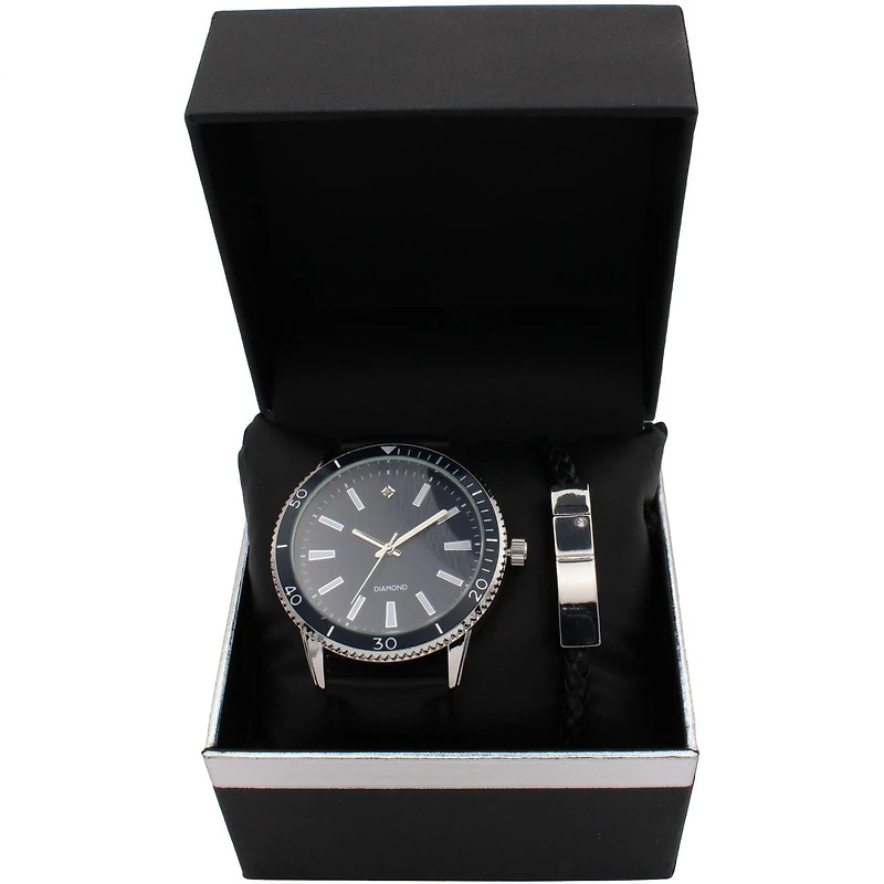 Ensemble Montre en Cuir Noir & Bracelet pour Homme