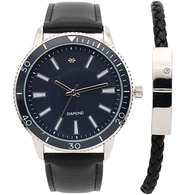 Ensemble Montre en Cuir Noir & Bracelet pour Homme