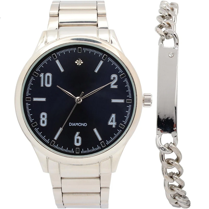 Ensemble Montre Homme avec Bracelet à Maillons Argenté & Bracelet ID Montre tendance pour hommes
