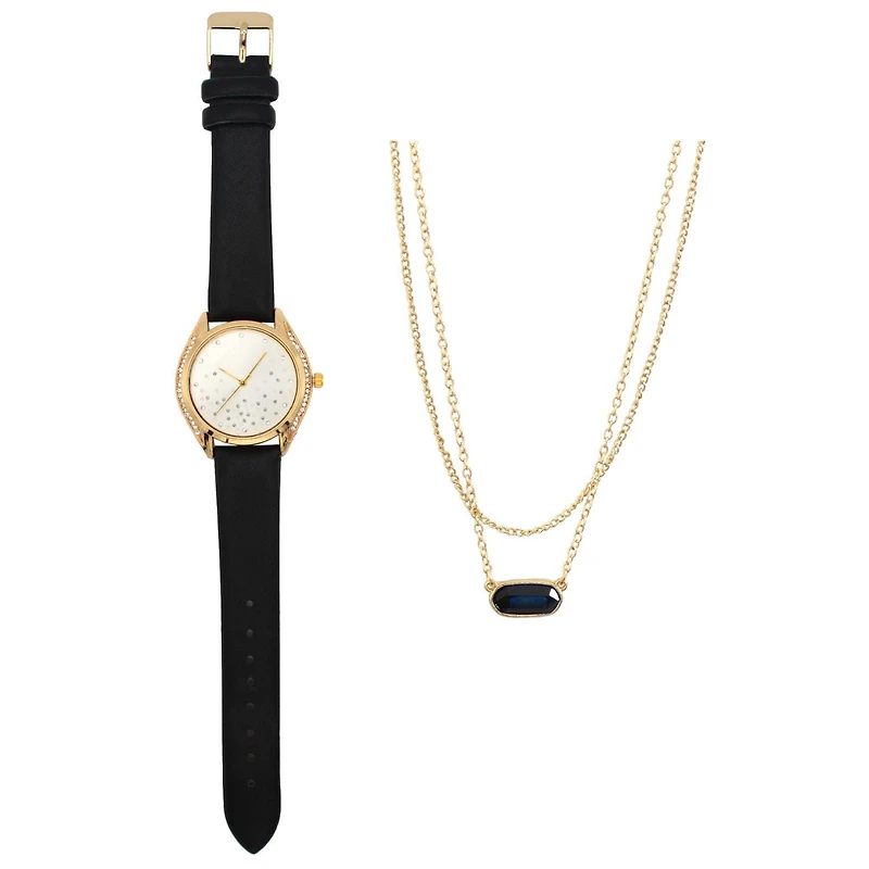 Ladies  black strap Watch and Necklace