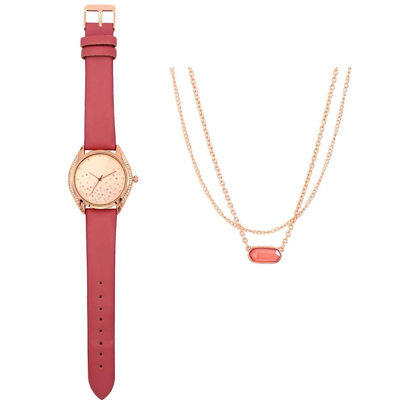 Ladies blush strap Watch and Necklace