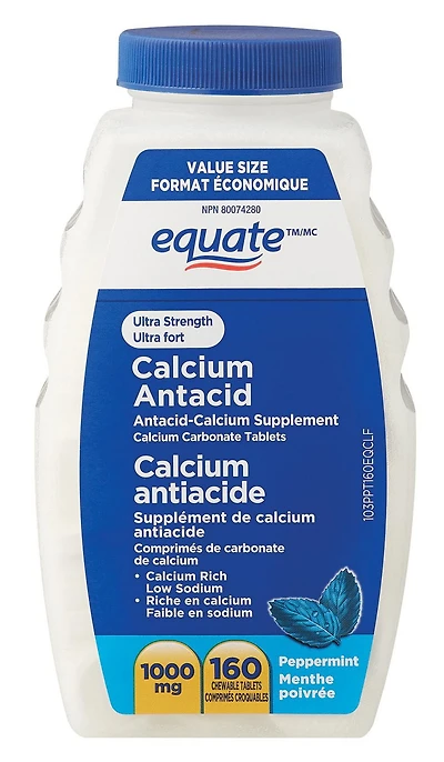 Equate Ultra Fort Antiacide au Calcium, Menthe Poivree 1000mg