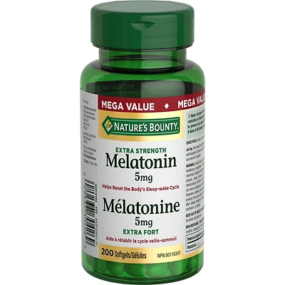 NATURE'S BOUNTY Mélatonine, extra-fort, 5 mg, aide à rétablir le cycle veille-sommeil, à s’endormir et augmente la durée du sommeil, format très éco, gélules 40.600 g 200 gélules