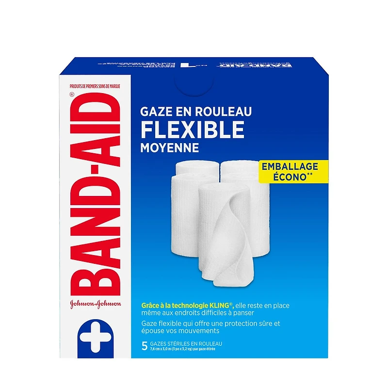 La gaze en rouleau flexible de marque Band Aid procure un pansement stérile pour le soin des plaies et coupures mineures, coussinage ultradoux et absorption instantanée, 7,6 cm x 4,5 m; emballage écono de 5 gazes moyennes