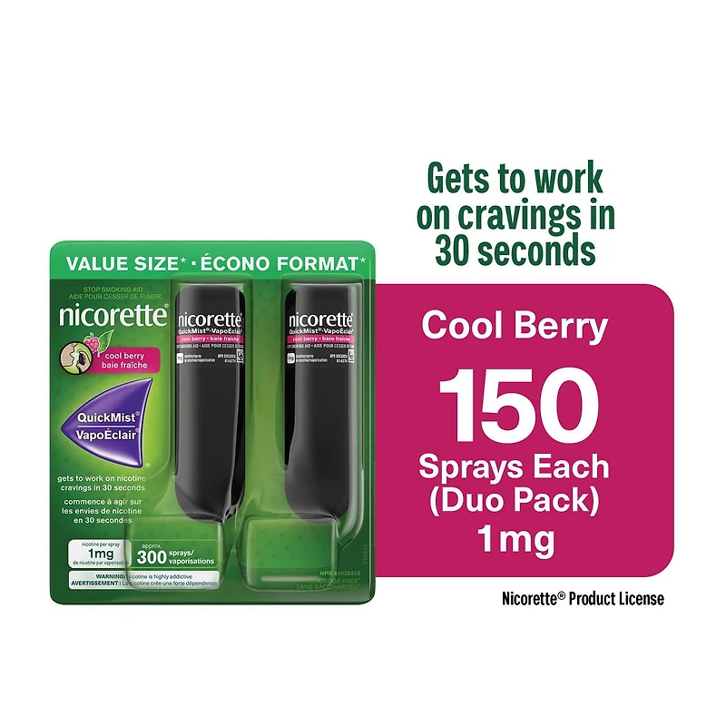 Nicorette VapoÉclair, 1 mg, Baie fraîche Aide antitabagique, 150 vaporisations x 2