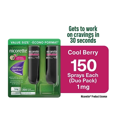 Nicorette Nicotine QuickMist Spray, Quit Smoking Aid, Cool Berry Flavor, 1 mg, Spray Form, Duo pack, 150 Spray Each x 2