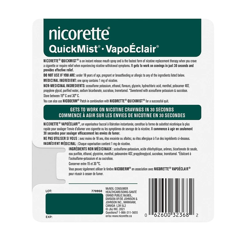 Nicorette VapoÉclair, 1 mg, Baie fraîche Aide antitabagique, 150 vaporisations x 2