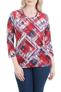 Alia Women's 3/4 Sleeve Plaid Jersey Crew Neck Top